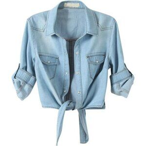 Womens Chambray Tie Front Crop Top Denim Shirt 34 Sleeve Button Down